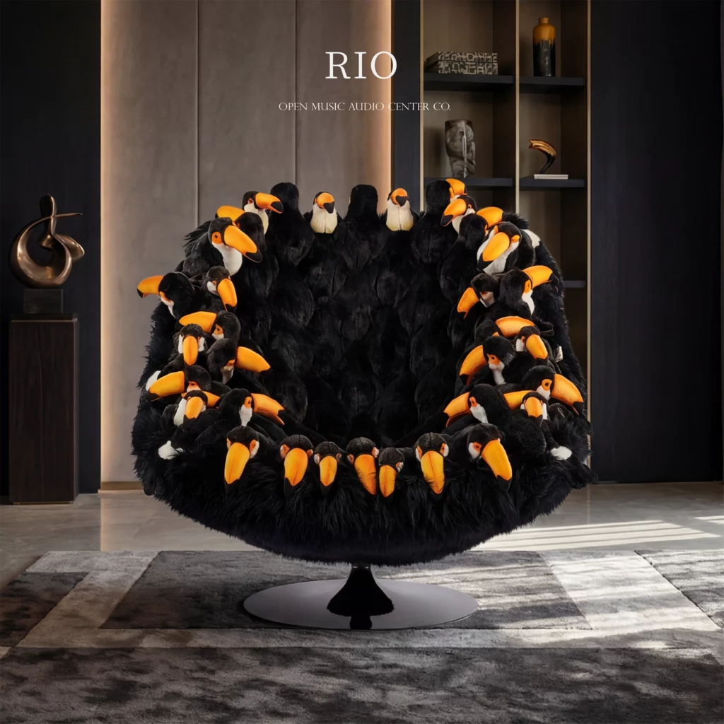 AP Collection RIO chair 巨嘴鳥主題收藏級設計座椅，展示於深色精品室內空間